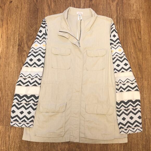 Pixley Stitch Fix Tan Black Cream Aztec Zip Up Utility Jacket Size Mediu - Picture 2 of 16